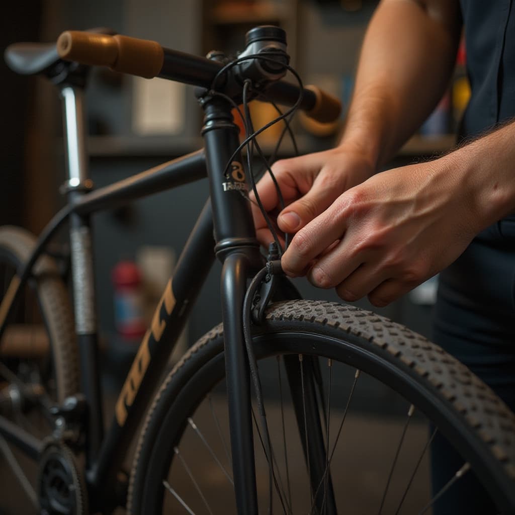 Fietsenmaker die een fiets repareert, close-up van handen die aan een fietswiel werken